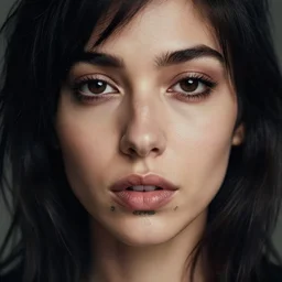 a portrait of a stunningly beautiful emo female with bottom lip tattoos, dark eyes, dark hair, olive skin, depth of field, zeiss lens, detailed, centered, artstation, fashion photoshoot, by Annie Leibovitz and Steve McCurry, David Lazar, Jimmy Nelsson, Breathtaking, 8k resolution, extremely detailed, beautiful, establishing shot, artistic, hyperrealistic, beautiful face, octane render