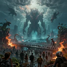 underwater hell end of the world among crowd of lot of people, clouds, fire, demons, plants, bridge, buildings, people, serpent, strange creatures walking around, falling from sky, big titan creature in the center, splitting the sky and the ocean and the tall city, by vladimir kush and giger and zdzislaw