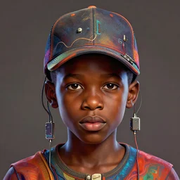 colourful caricature - vfx art - portrait of a nigerian boy wearing a baseball cap with wires and computer chips dangling from inside, art style by james jean, hsiao - ron cheng & frank frazetta, character concept art, digital illustration, sharp, intricate detail, volumetric light, ray tracing, soft light, symmetric, unreal engine render, behance, artstation, pinterest,