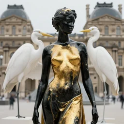 hyperdetailed masterpiece portrait of a glossy black marble statue of a woman covered in gold metallic liquid in the style of virgil abloh, offwhite, heron prestorn, denoise, vogue, paris, fashion, louvre museum, highly detailed, realistic, hyperreal, 8 k, 4 k, render