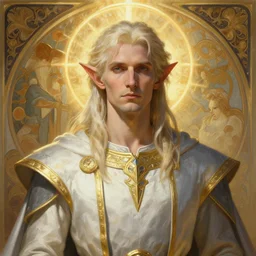 portrait of a calm and pious male aasimar paladin above head with medium length platinum blonde hair wearing white slate grey and gold vestments, pensive expression, highly detailed, cinematic lighting, illustration, painterly, art by Krenz Cushart and Artem Demura and alphonse mucha, intricate, masterpiece, fantasy, halo of light, d&d