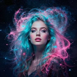 dramatic lighting photo of a beautiful young woman with a space nebula for hair. celestial universe in the background. paint splashes. exuberant and uplifting. cyan and pink color scheme,