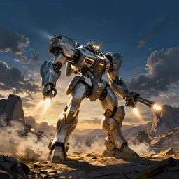 armored core v by liam wong, legs, navigation light, booster flares, laser rifle, smoke, karst landscape, outdoor, dark blue sky, clouds, wilderness ground, golden time, twilight ; wide shot, digital painting, photoreal, cinematic contrast, dynamic backlighting, sharp edge, motion blur
