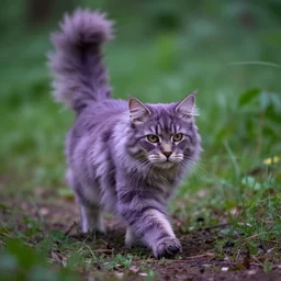 photo of a fluffy purple tabby cat moving through the forest