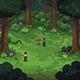 a clearing in a forest in the style of the curse of monkey island point and click adventure game