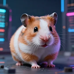 3 5 mm photo of a cute hamster portrait, with doble exposure of a futuristic cyberpunk city, neon, ultra realistic, detailed, bokeh, 4 k.