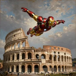 hellenistic greece painting of ironman flying across the coliseum