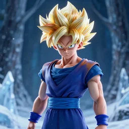 portrait focus of ( ( angry ) ) super saiyan beautiful 3 d anime girl posing, frozen ice dark forest background, snowing, bokeh, inspired by masami kurumada, octane render, volumetric lighting