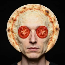 portrait of man with a rare facial deformity making the head a flat and circular disc, looking like a pizza, doughy skin with bakes crust like with flecked burnt spots, features that look like tomato slices, soft lighting, sharp focus, highly symmetrical, black background, masterpiece, case photo by arnold newman