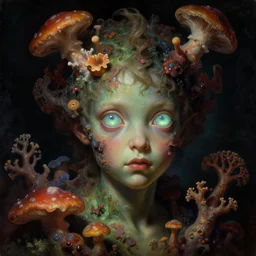 baroque neoclassicist close - up sci - fi portrait of a fantasy young alien boy overgrown with coral, mushrooms and big glowing eyes. iridescence. dark black ominous background, glowing atmosphere. highly detailed science fiction fantasy painting by norman rockwell, frank frazetta, and syd mead. rich colors, high contrast, gloomy atmosphere. trending on artstation and behance.