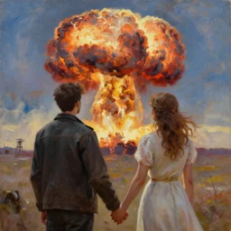a couple holding hands looking at a nuclear explosion, oil painting, realism, very beautiful, painting by antoine blanchard