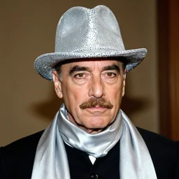 color photo of vincent price with a pencil thin mustache, wearing silver shriner like velvet sequin hat, wrapped in a silver silk scarf, nehru wizard jacket