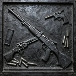 relief sculpture carving in black cast iron steel of machine guns shotguns rifles revolvers bullets,dark contrast, dynamic lighting, ultrarealistic, intricate details, 4k