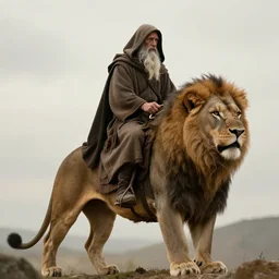 a hooded wise old man with a long white beard wearing a brown hooded tunic riding a ( beautiful lion ), majestic, epic digital art, cinematic, trending on artstation, superb detail 8 k, wide - angle, masterpiece