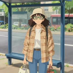 young skinny woman wearing sandstone color flannel blue jeans and bucket hat with curly brown hair and green glasses with grocery bags waits at blue bus stop studio ghibli Kazuo Oga painting urban background painting dappled portrait