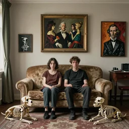 a dead couple sitting on an old couch in an old apartment with dog skeleton on floor,  Francisco Goya painting, part by Beksiński and Gerhard Richter. art by Takato Yamamoto, Francis Bacon masterpiece