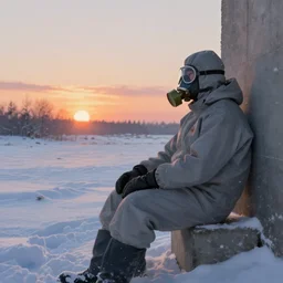ryan church jon mccoy concept art mood painting man wearing grey hazmat suit gas mask sitting against concreate wall snow covered field watching the beautiful winter sunrise