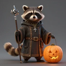Jack o latern raccoon cleric , character concept, high quality, highly detailed,