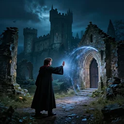 in the harry potter universe far away at some ruins from a castle. a wizard is already there and summons a portal that would take me back home., late at night, aesthetic