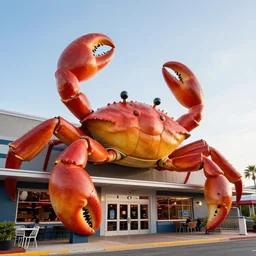 1 9 8 5 crab themed giant sculpture, googie architecture, one point perspective, americana, fishcore, restaurant exterior photography, hd 8 k, taken by alex webb