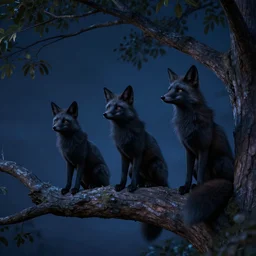 three black foxes sitting on a tree branch at night, perspective from below, trending on ArtStation, concept art, cgsociety, octane render, trending on artstation, artstationHD, artstationHQ, unreal engine, 8k