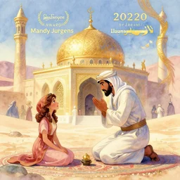 male bedouin in the desert worshipping in the mosque, highly detailed, gold filigree, romantic storybook fantasy, soft cinematic lighting, award, disney concept art watercolor illustration by mandy jurgens and alphonse mucha and alena aenami, pastel color palette, featured on artstation