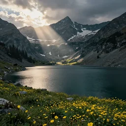 photo of epic alpine lake landscape in spring, first light, sparse patches of yellow flowers, cinematic, cinematic, art by michael shainblum