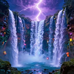 prismatic waterfalls and lightning, infinite dramatic skies, synthwave, bright neon colors, highly detailed, cinematic, tim white, vladimir kush, philippe druillet, roger dean, bob eggleton, michael whelan, tetsuro kimura, alfred kelsner, kubrick, jaroslaw jasnikowski