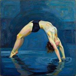 woman woman arches her back and dives into the deep deep water, abstract art in the style of cubism and georgia o keefe,