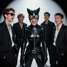 Every catwoman ever laughing at you, Darek Zabrocki, Karlkka, Jayison Devadas, Phuoc Quan, trending on Artstation, 8K, ultra wide angle, pincushion lens effect