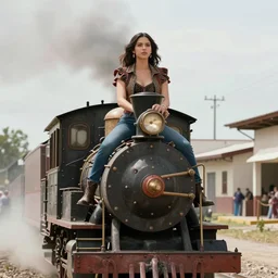 movie frame with mexican female riding on top of the steam punk train, establishing shot, symmetrical face, perfect body, fashion, award winning,
