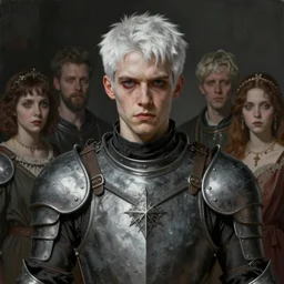 portrait painting of a sarcastic young man with short white hair wearing grey pelt gambeson. ultra realistic, concept art, intricate details, eerie, highly detailed, photorealistic, octane render, 8 k, unreal engine. art by artgerm and greg rutkowski and charlie bowater and magali villeneuve and alphonse mucha
