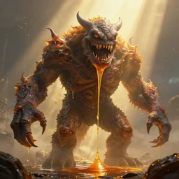 A terrifying giant monster made of honey, beautiful atmosphere, god rays, masterpiece digital painting by Aleksi Briclot, 4k wallpaper