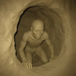 found footage of a humanoid made of clay emerging from a wall inside of a cave made of clay, creepy, flash photography, unsettling, moist, low quality