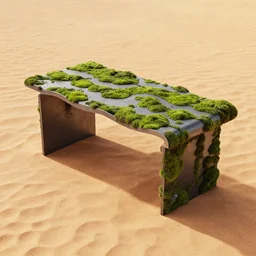 table made of rectangle tetris, made of wave steel and moss, octane render, trending on artstation, on the hard desert floor