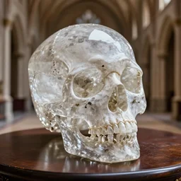 macro shot of a crystal skull sitting on a table in the hall of a great castle