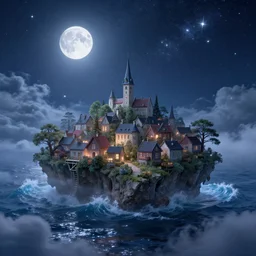 island town, the stars shine in the starry sky, bright moon, waves, sparkling sea, clouds and fog, dreamy, whimsical, detailed, volumetric lights, intricate details, raytracing, great complexity, cinematic, film, 8 k, octane render by ivan aivazovsky and noah bradley