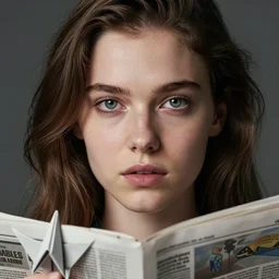 highly detailed, ultra realistic, cinematic, close up portrait, young caucasian woman, origami newspaper, high detail, 8 k, sharp focus, movie still, dramatic lighting, ray tracing, smooth, wonbin lee, lane brown, z ed, wenfei ye, finnstark, oleg bulakh, felix englund, michal karcz, yoshitaka