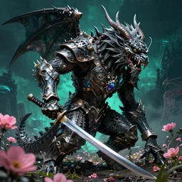 hyperrealistic neo - gothic giant human gargoyle hybrid, exoskeleton armor, holding katana, field of pink flowers, highly detailed digital art masterpiece, vitaly bulgarov dramatic dark teal light, ground angle hd 8 k, sharp focus