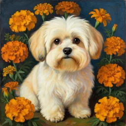 portrait of a cream colored havanese dog with marigolds by diego rivera 1 9 3 5