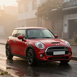 parked red Mini Cooper S, fog, rain, volumetric lighting, beautiful, golden hour, sharp focus, highly detailed, cgsociety, widescreen