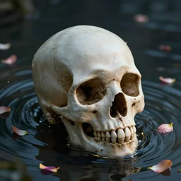 obsidian skull surrounded by dark water with floating flower petals, octane render, trending on artstation