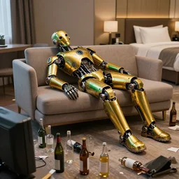 portrait photo of a shiny golden and green metallic futuristic steampunk humanoid robot sleeping on a sofa in a modern hotel room, empty bottles all over the floor, a damaged television on the floor, messy, pressphoto, insanely detailed, wide shot
