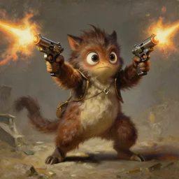 small squat furry creature with large eyes dual wielding laser pistols and firing wildly, dynamic pose, cinematic lighting, science fiction painting, elegant intricate digital painting artstation, art by greg rutkowski and alphonse mucha, detailed
