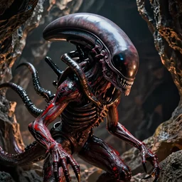vfx movie scene closeup monstrous alien with red streaks in its skin creature in underground rocky cave. by emmanuel lubezki