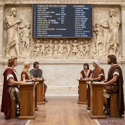 ancient romans on family feud game show, face off podium, answer board above in the background, stone relief, high detail, wide angle, photorealism, file photo
