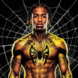 upper body portrait of wiz khalifa with spider man tattoos, black and yellow, surrounded by webs, symmetry, vivid, intricate, comic book, artwork by marvel studios, trending on artstation