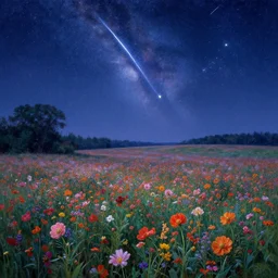 meteor shower in a floral field, by thomas kinkade, trending on artstation, hdr