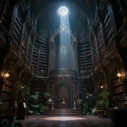 Dark majestic ornate great hall, library moonlight rays, with fantasy vegetation inside Darek Zabrocki, Karlkka, trending on Artstation, 8K