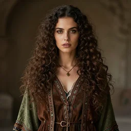 ethereal beautiful woman with long curly hair in romany gypsy outfit, high detail, brown and green dark aesthetic